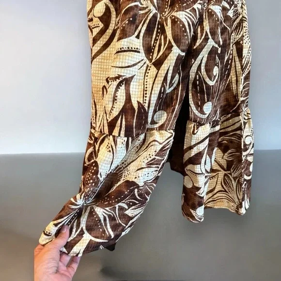 Sam Edelman SMOCKED SLIT-FRONT HALTER MIDI DRESS floral beige and brown sz  med